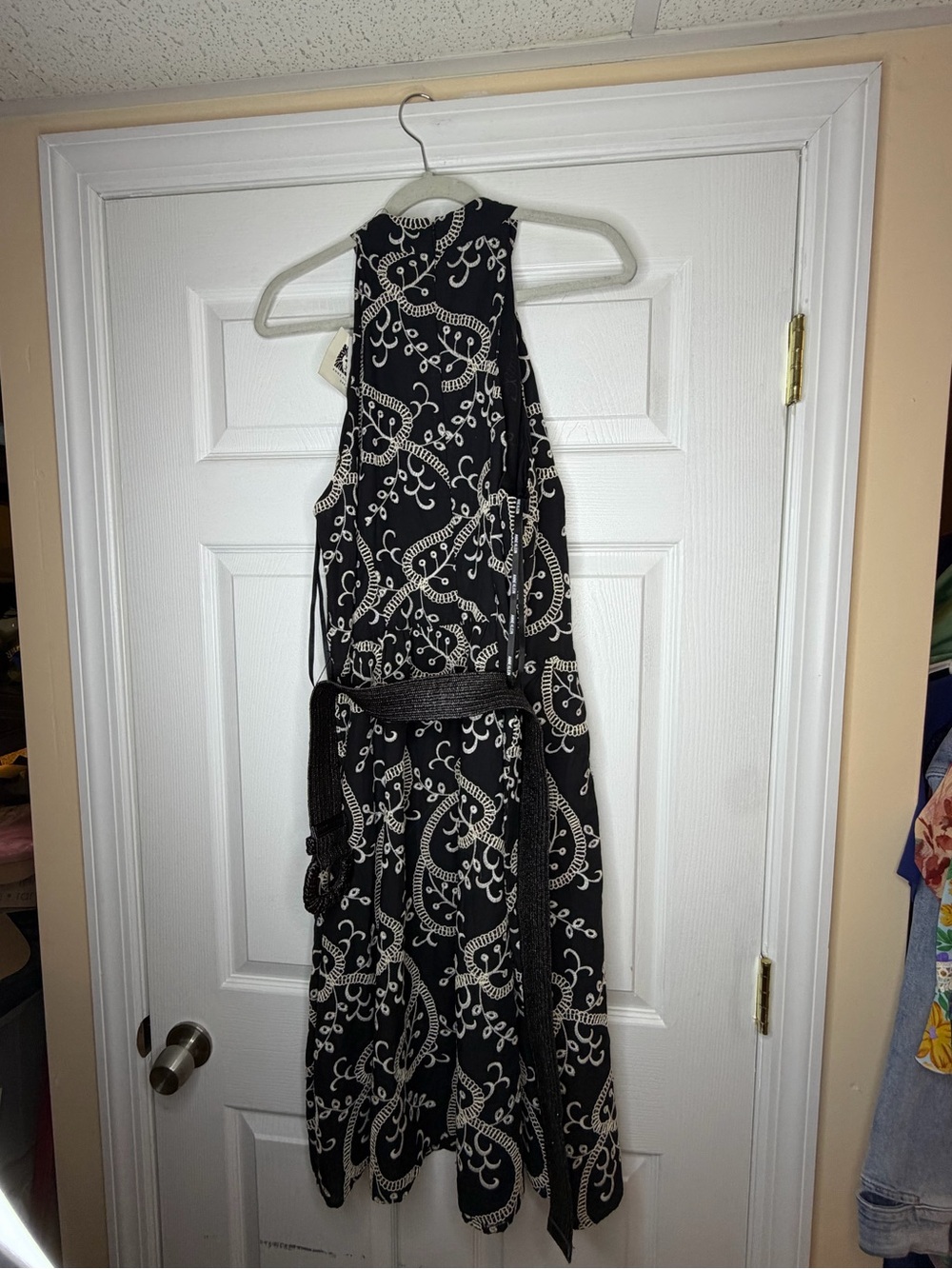 NWT Anne Klein Embroidered Halter Maxi Dress Belted Black Ivory Size 16 - Picture 7 of 11